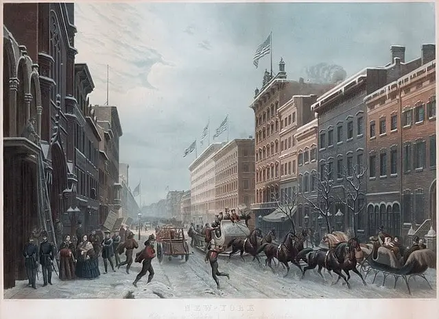 New_York_winter_scene_in_Broadway,_by_Paul_Girardet_after_Hippolyte-Victor_Sebron
