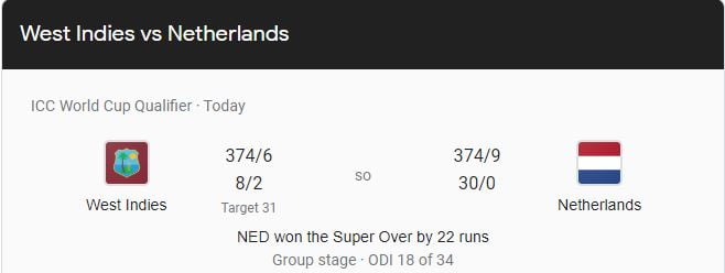 Super over Netherlands vs West Indies Group Stages Qualifier